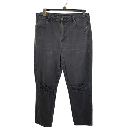 American Eagle Outfitters Mom Straight Jean Black Distressed Ankle Length Sz 16 - Picture 1 of 11